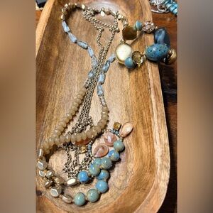 Chico's Blue and Gold Beaded Necklace 30” adjustable & Bracelet